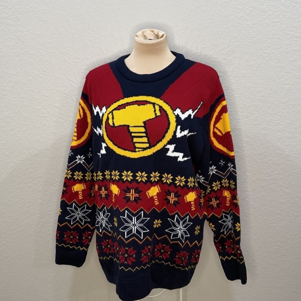 Marvel Medium Thor Hammer (Ugly) Christmas Sweater Fair Isle Pullover Red Unisex